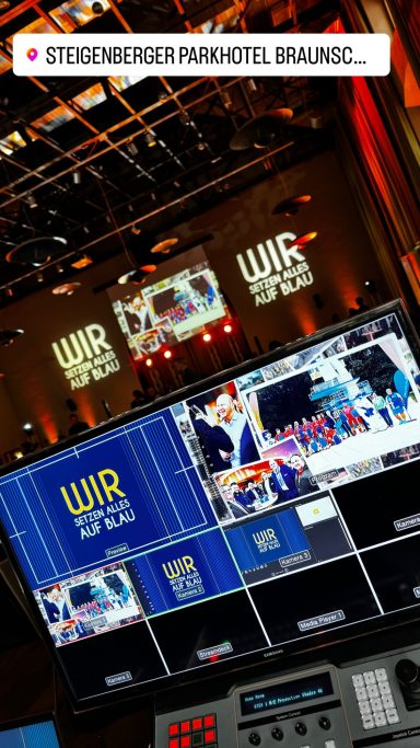 Kameraansicht eines Regieraums mit Monitoren und Projektor im Hintergrund.